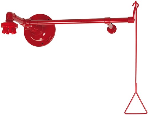 Horizontal overhead safety shower with wall base