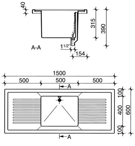 PP spoelblad met spoelbak 1500 x 600mm-2
